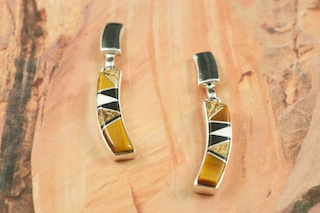 Genuine Picture Jasper, Magnesite and Black Jade inlaid between ribbons of Sterling Silver. Beautiful Post Earrings with precision channel inlay.  Designed by Navajo Artist Calvin Begay. Signed.